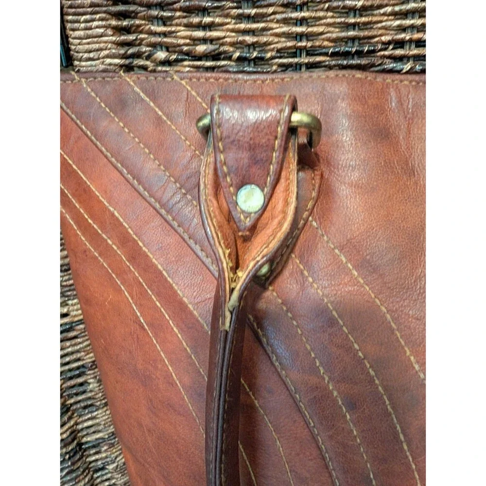 Vintage Leather Tote Bag Brown Double Handle Shoulder Purse 70s Boho Retro Large - Picture 4 of 13
